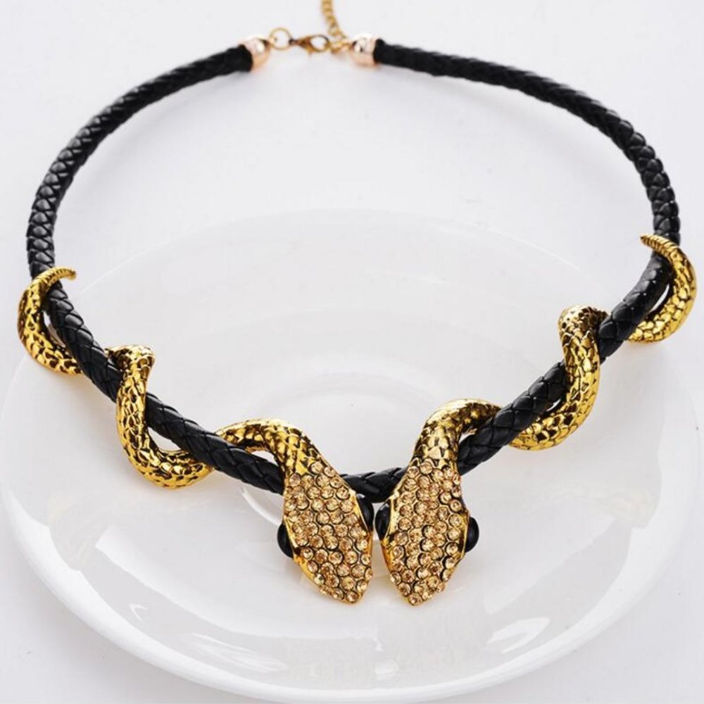 Coiling SNAKES Caduceus Leather Braid Necklace